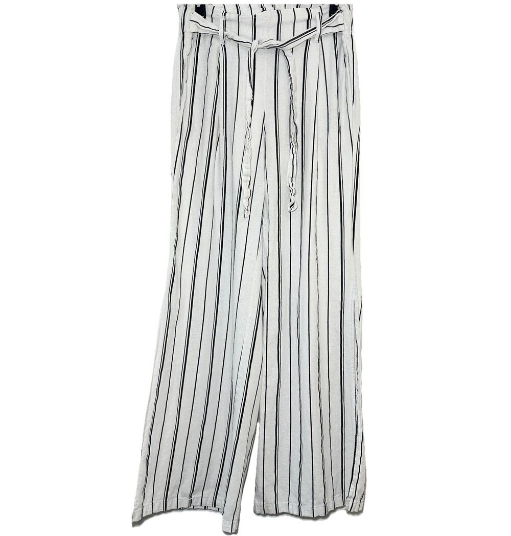 Rewash Linen Blend Striped Wide Leg Pants Tie Waist Beach Boho S Flowy Coastal